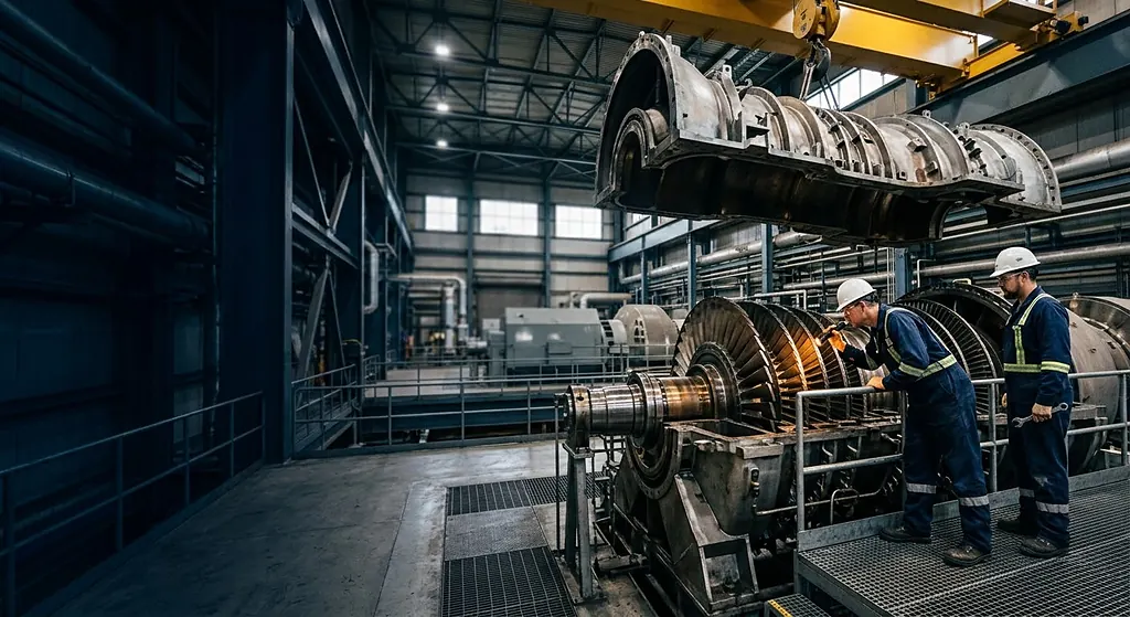 Engineers inspecting an open gas turbine rotor in a power-plant turbine hall