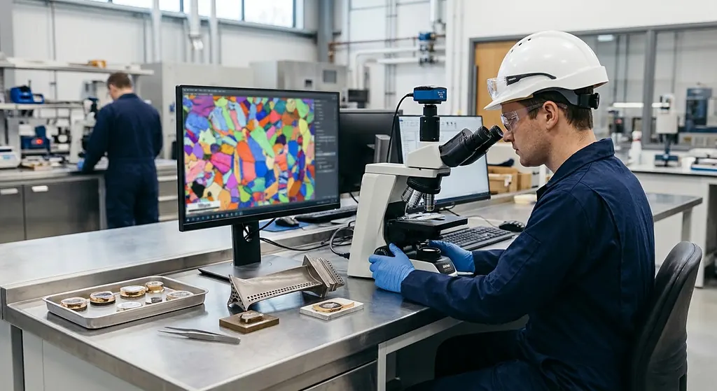 Metallurgist reviewing a microstructure image at a microscope workstation
